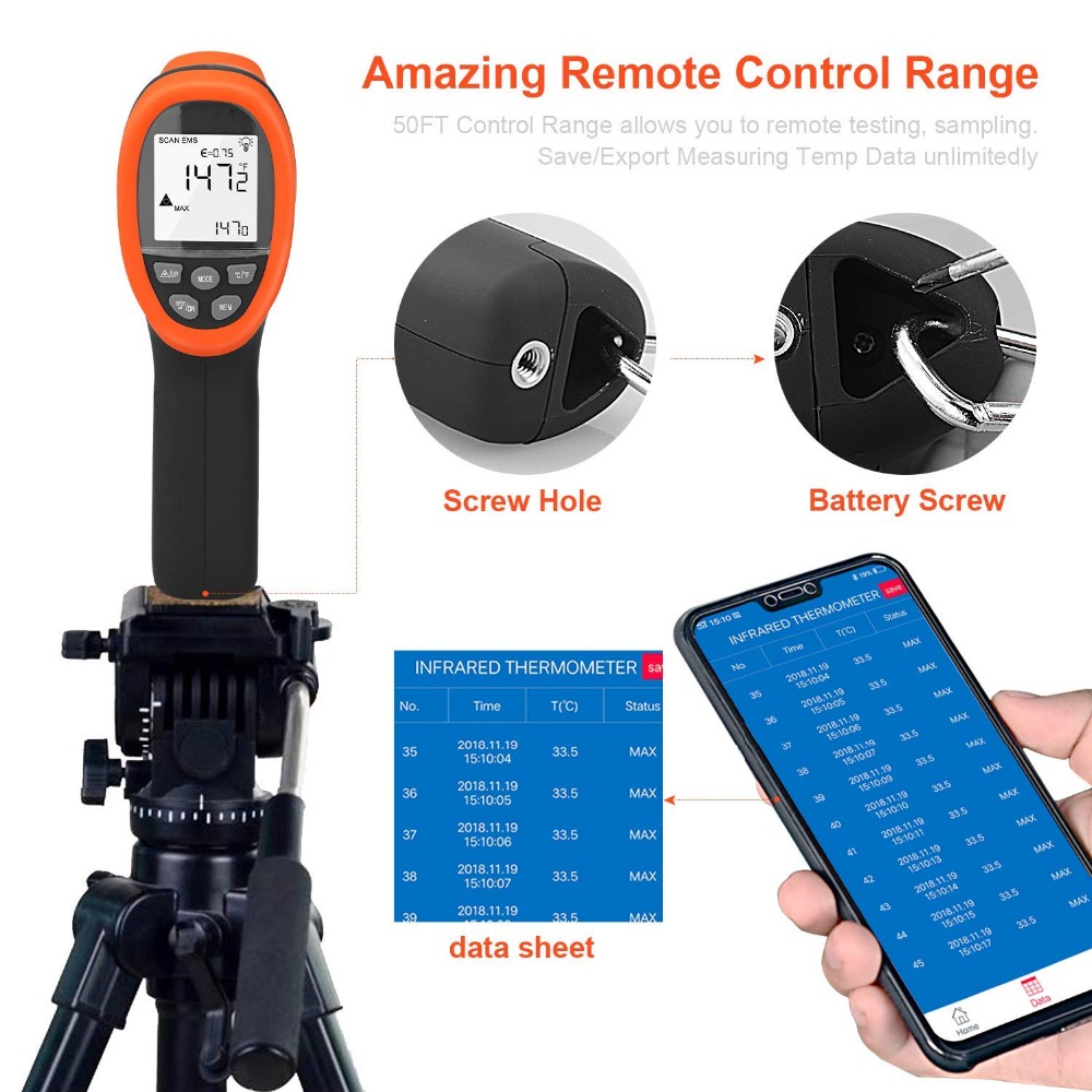 Industrial Laser Temperature Gun - BTMETER Digital Pyrometer Non-Contact IR Thermometer